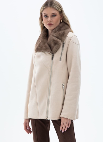 Женская дубленка из эко кожи с отделкой из эко меха