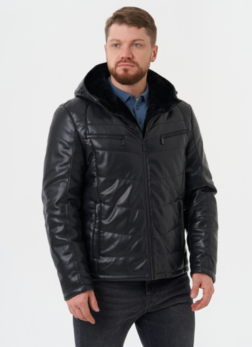 Утепленная куртка из эко кожи с капюшоном