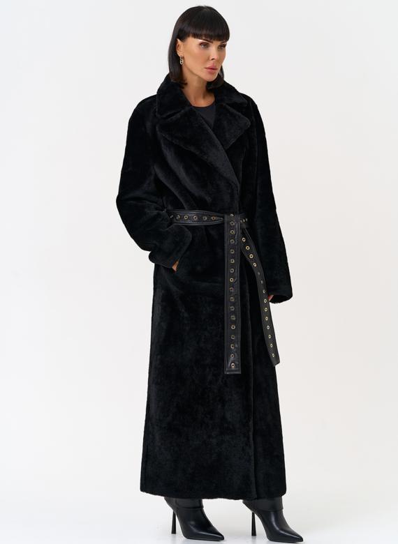 Женская натуральная дубленка с двойным поясом