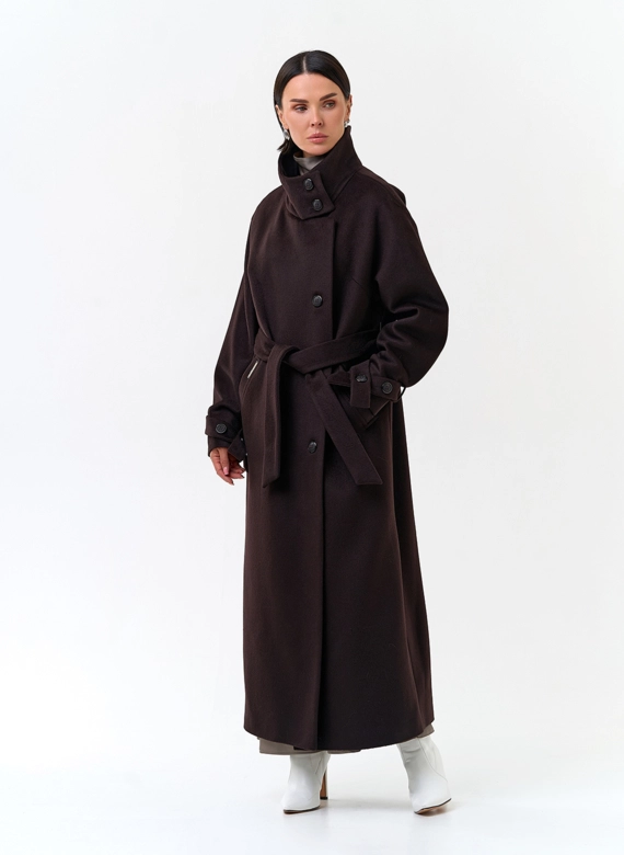 Женское длинное пальто с воротником стойкой