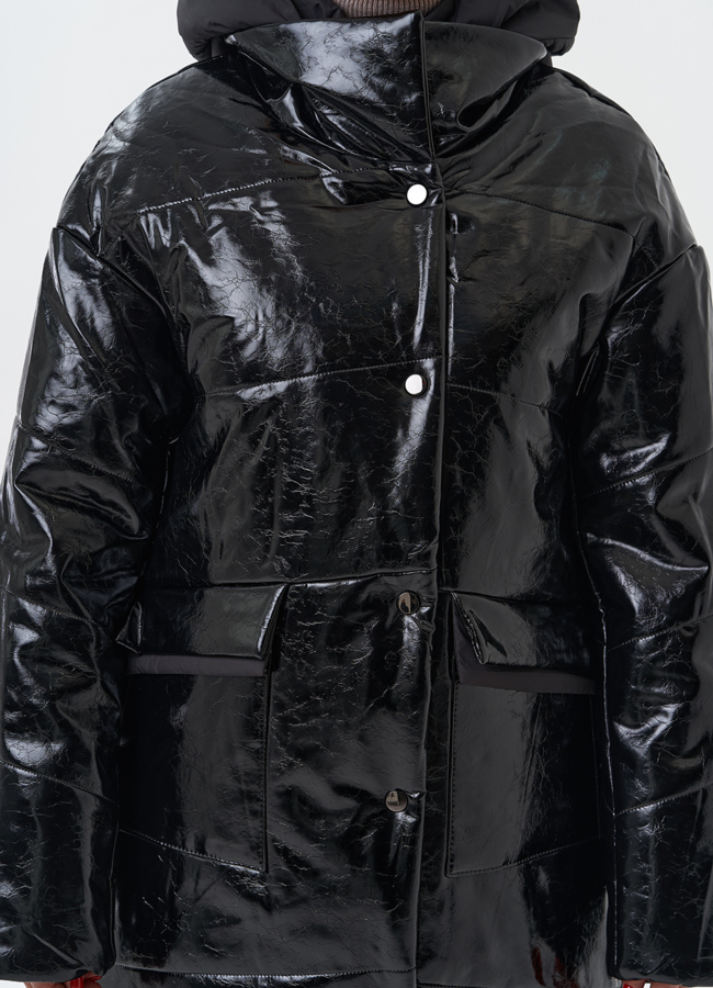 Женский пуховик из эко кожи с капюшоном модель № 28686 универмаг малина