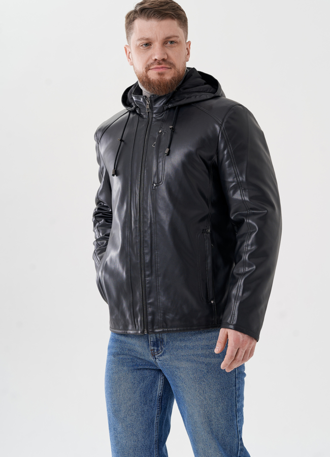 Мужская куртка из эко кожи с капюшоном  модель № 24463 в кредит