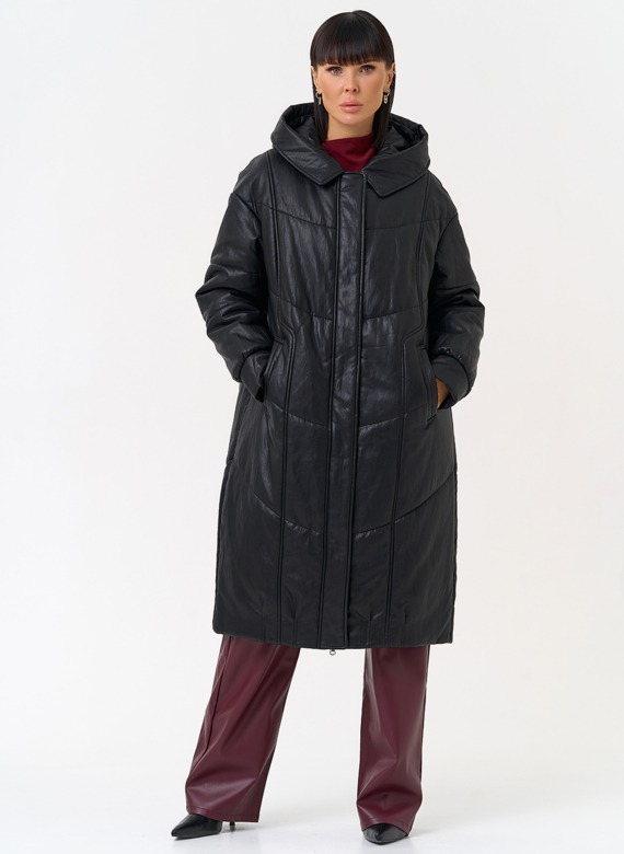 Женский пуховик из эко кожи со съемным эко мехом