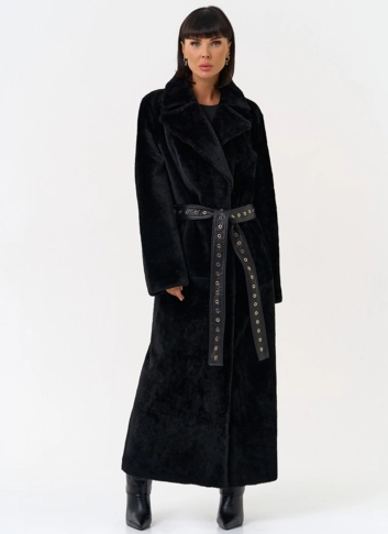 Женская натуральная дубленка с двойным поясом фото