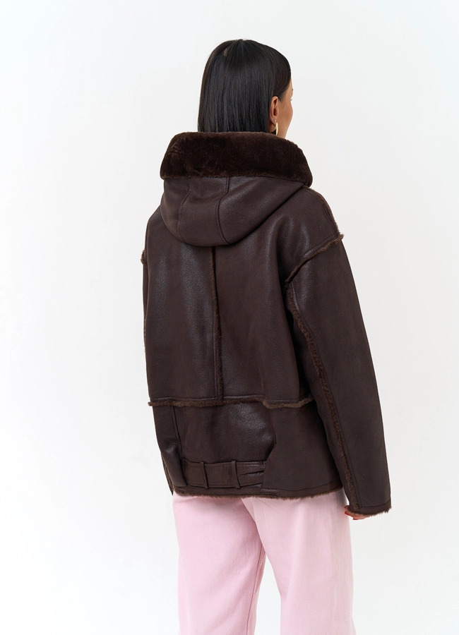 фото Женская дубленка бомбер из эко замши модель № 33887