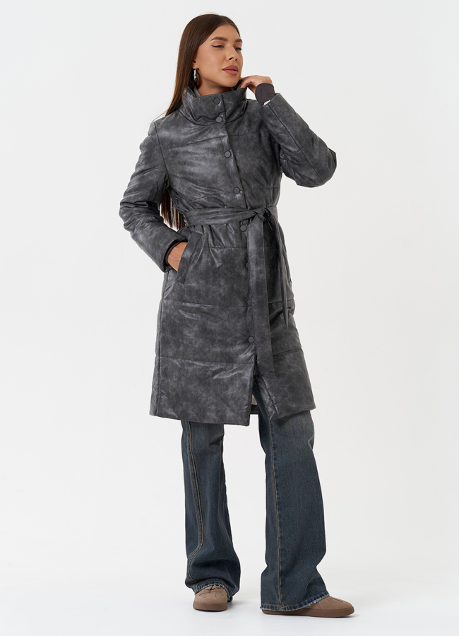 фото Пуховик из эко кожи с поясом модель № 28513