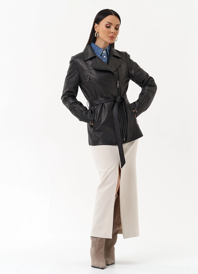 Кожаная куртка с поясом модель № 20501 в кредит фото