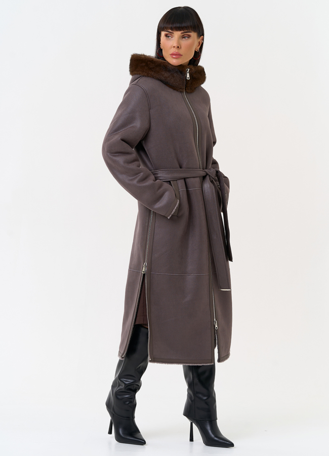 Женская дубленка из эко замши с поясом модель № 31515 меха малина