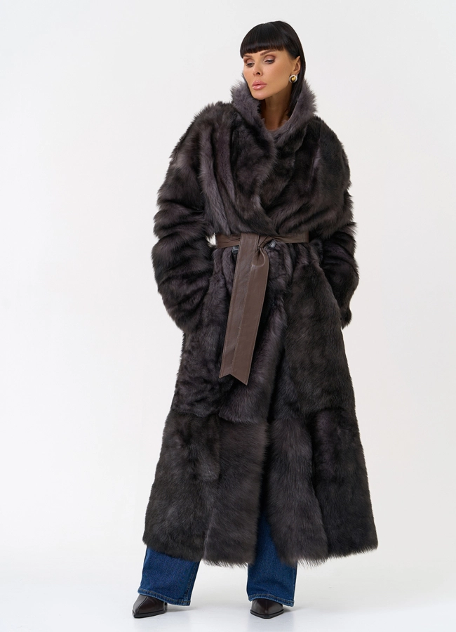 Женская двухсторонняя дубленка с поясом модель № 31616 универмаг малина