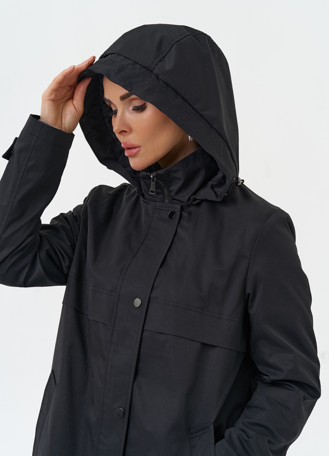 Плащ женский черного цвета с капюшоном модель № 30086 универмаг малина