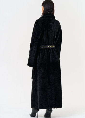 Женская натуральная дубленка с двойным поясом