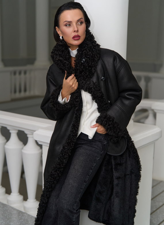 Женская дубленка из эко замши с поясом