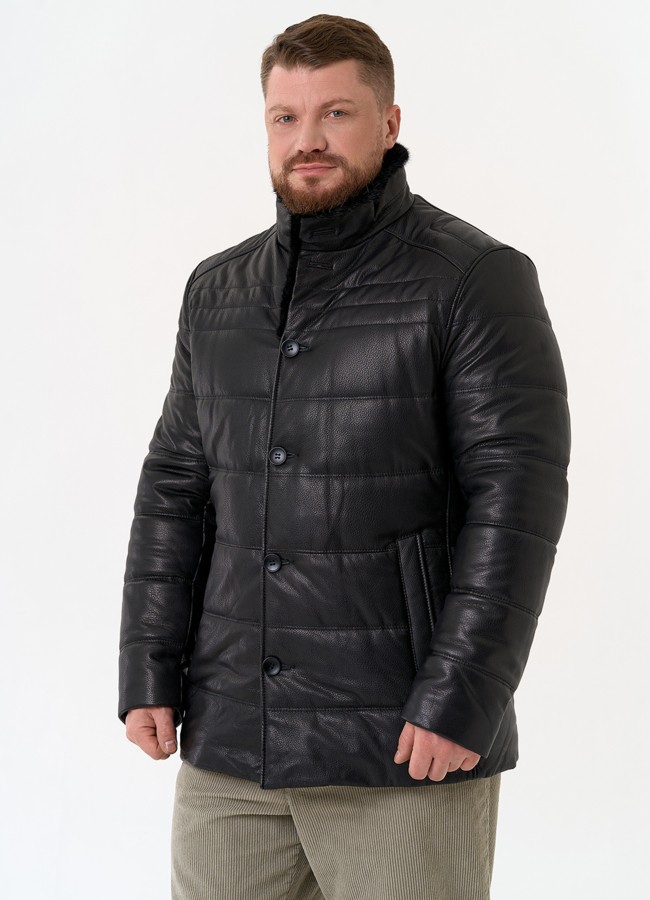 Пуховик из натуральной кожи с воротником стойкой модель № 26053 универмаг малина