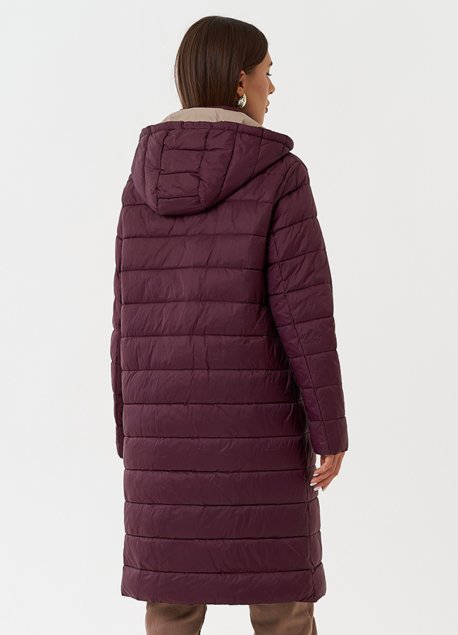 Стеганый пуховик бордового цвета с капюшоном модель № 28294 универмаг малина