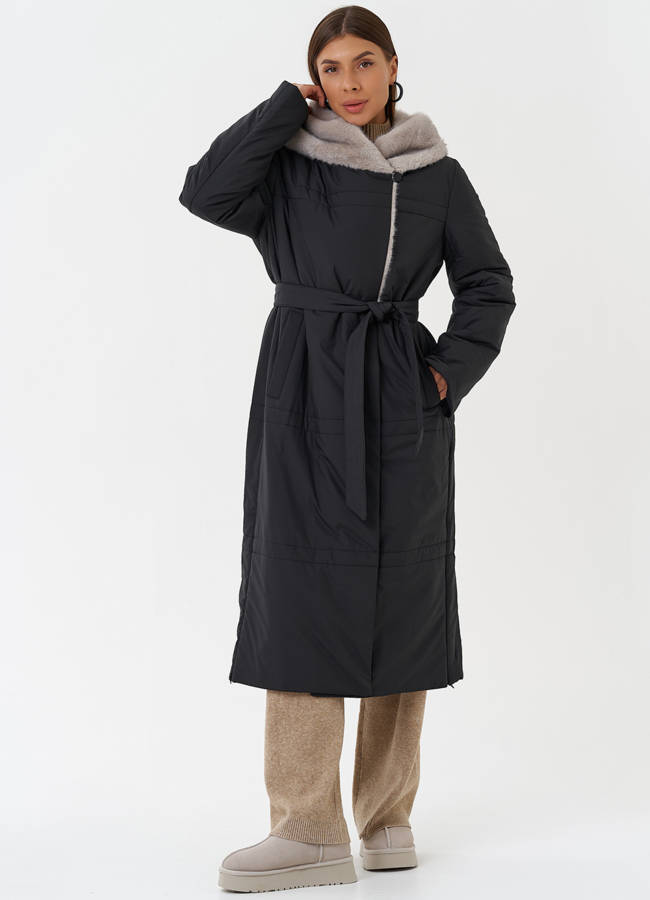 Пуховик с капюшоном из эко меха модель № 28839 меха малина