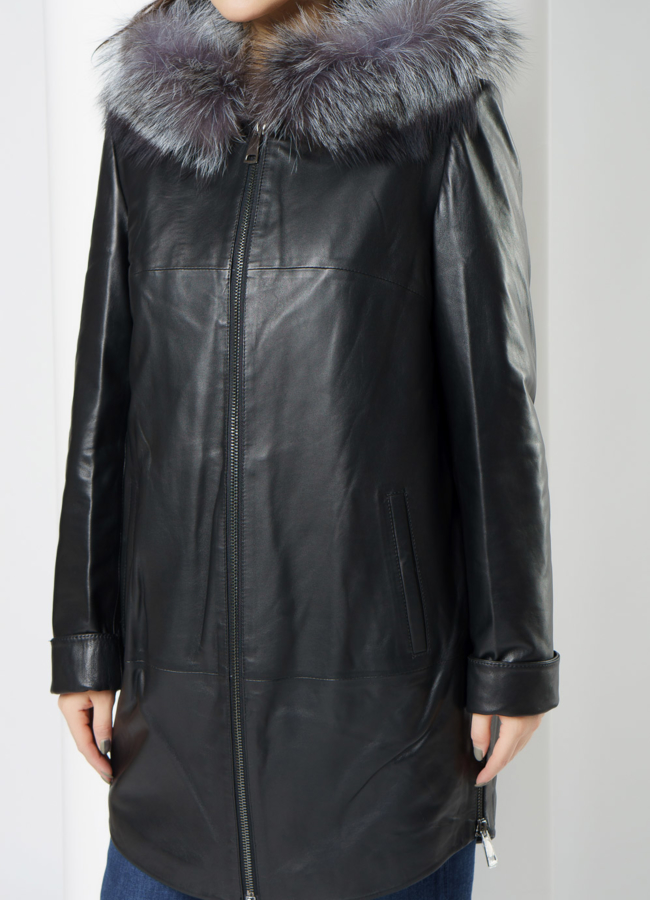 Утепленное полупальто из натуральной кожи с капюшоном  модель № 20201 универмаг малина