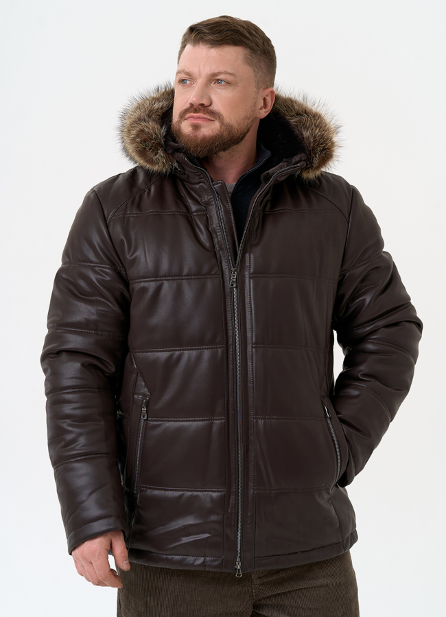 Пуховик из эко кожи с капюшоном из меха енота модель № 31721 в кредит