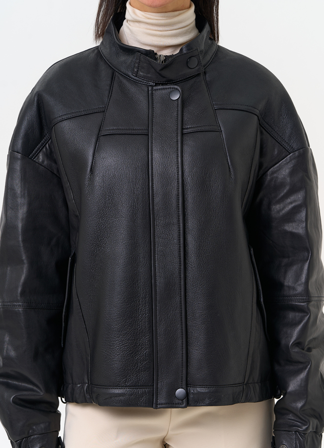 Женский пуховик из натуральной кожи черного цвета модель № 31691 универмаг малина