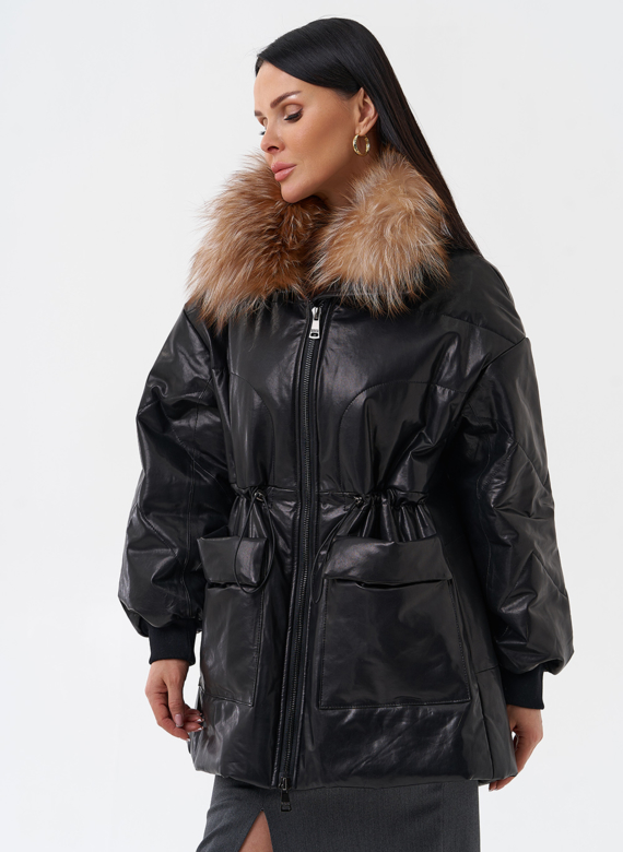 Кожаный пуховик с мехом