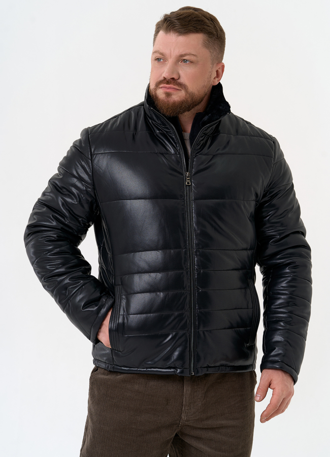 фото Пуховик из эко кожи черного цвета модель № 31722