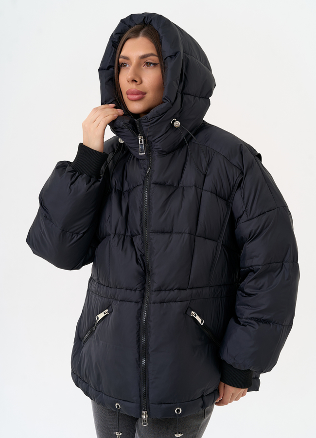 фото Женский черный пуховик с капюшоном модель № 31582