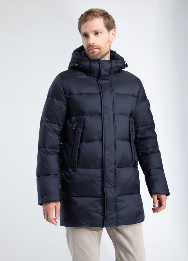 фото Пуховик мужской синего цвета с капюшоном  модель № 25789